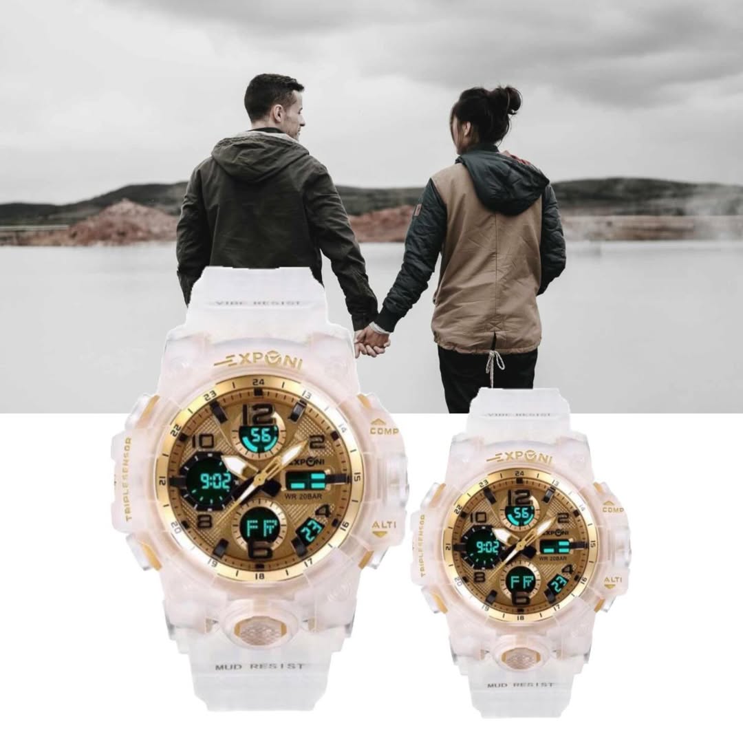 Exponi Couple’s White Dual-Display Sport Watch Set