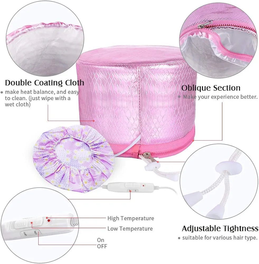 Heated cap for conditioning hair.