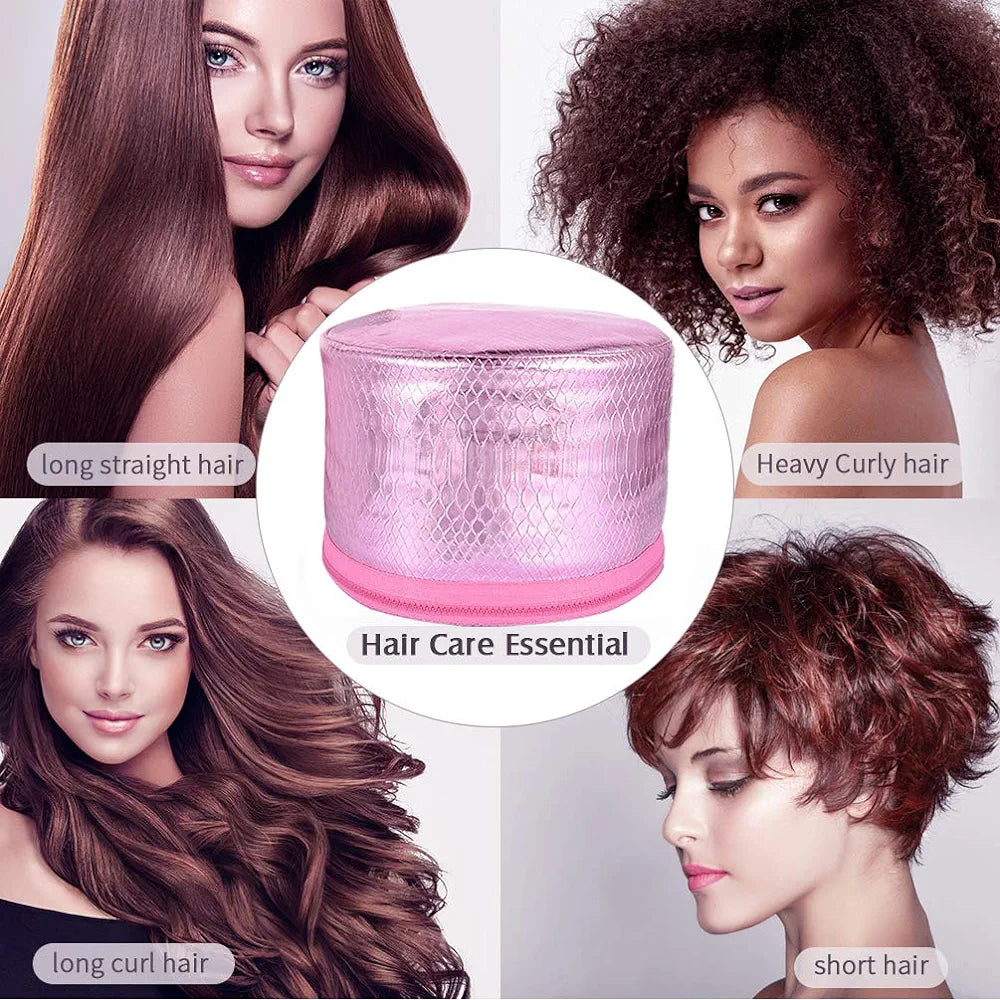 Heated cap for conditioning hair.