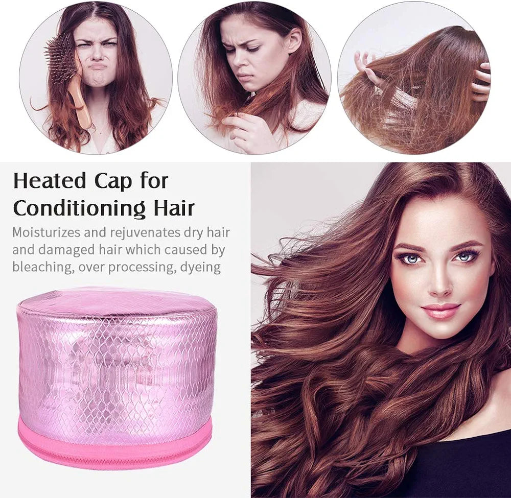 Heated cap for conditioning hair.