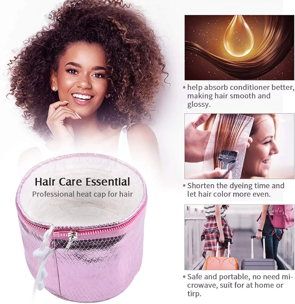 Heated cap for conditioning hair.
