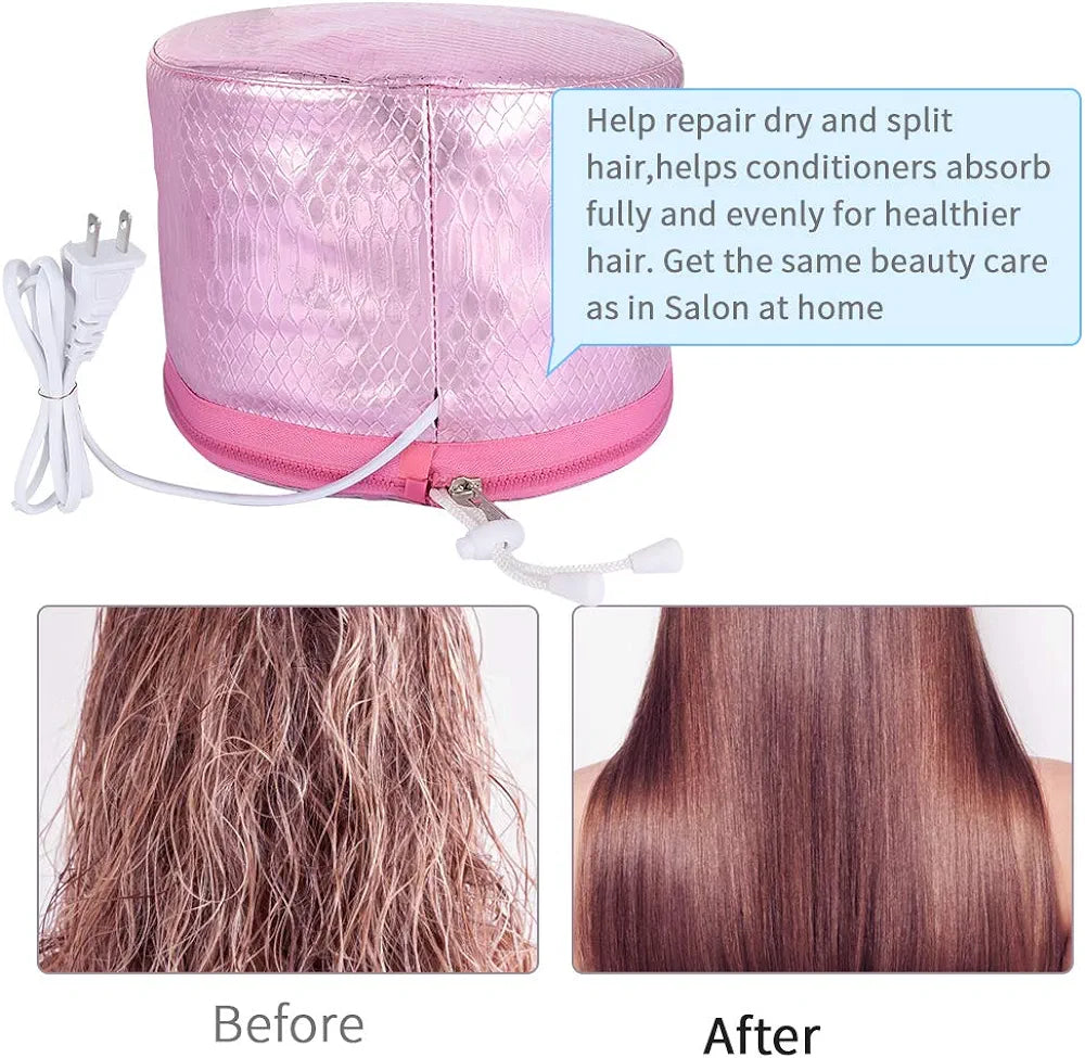 Heated cap for conditioning hair.