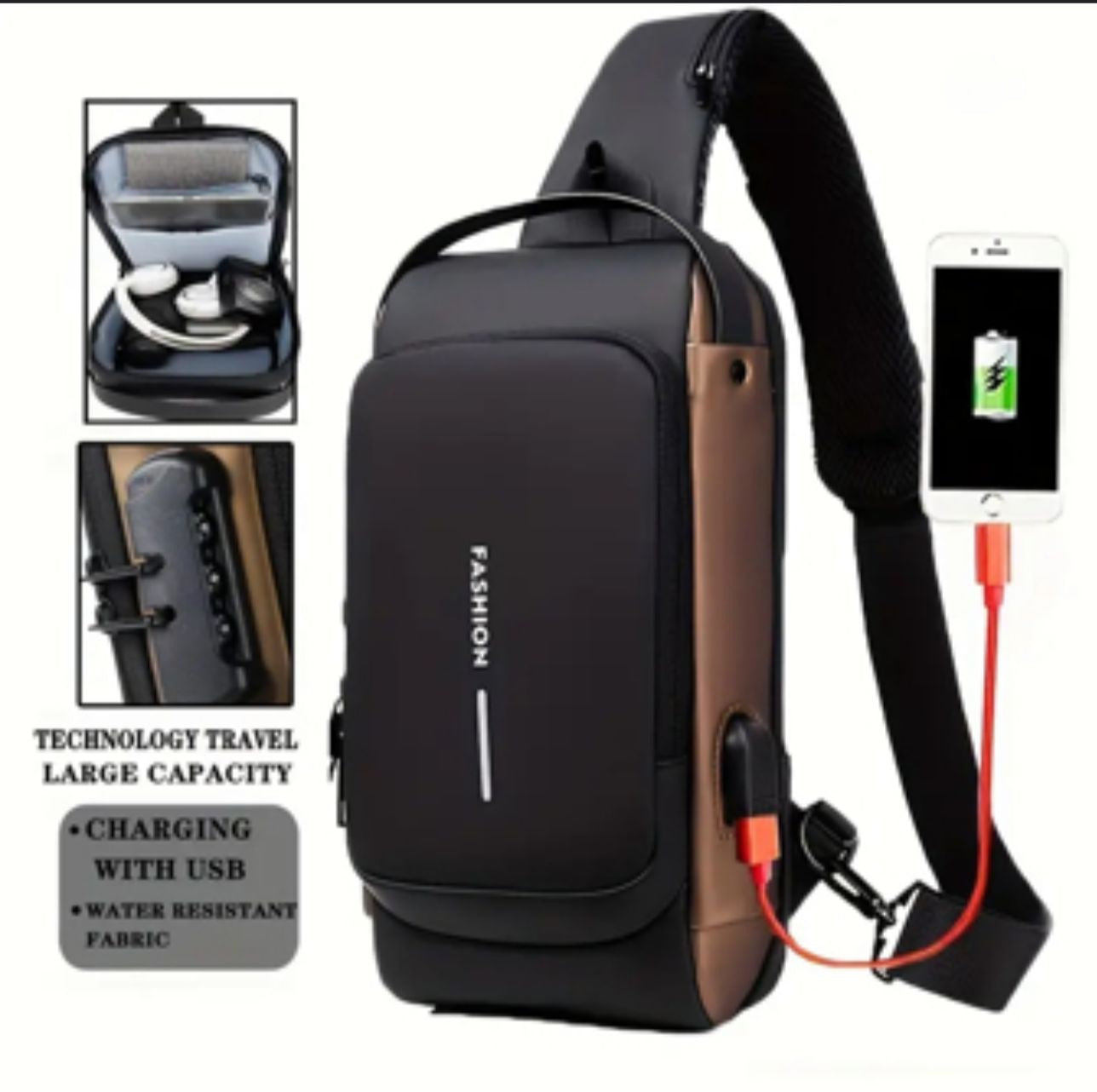 Waterproof Multifunctional Anti-theft Men's Chest Bag with JSB Charging Port.