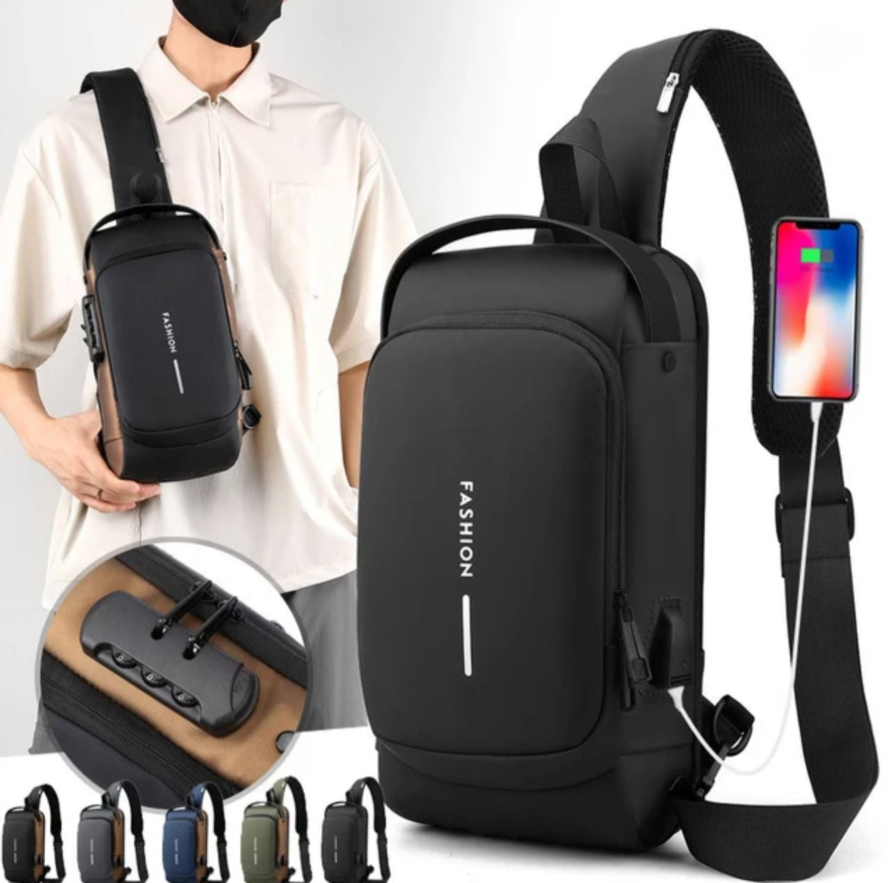 Waterproof Multifunctional Anti-theft Men's Chest Bag with JSB Charging Port.