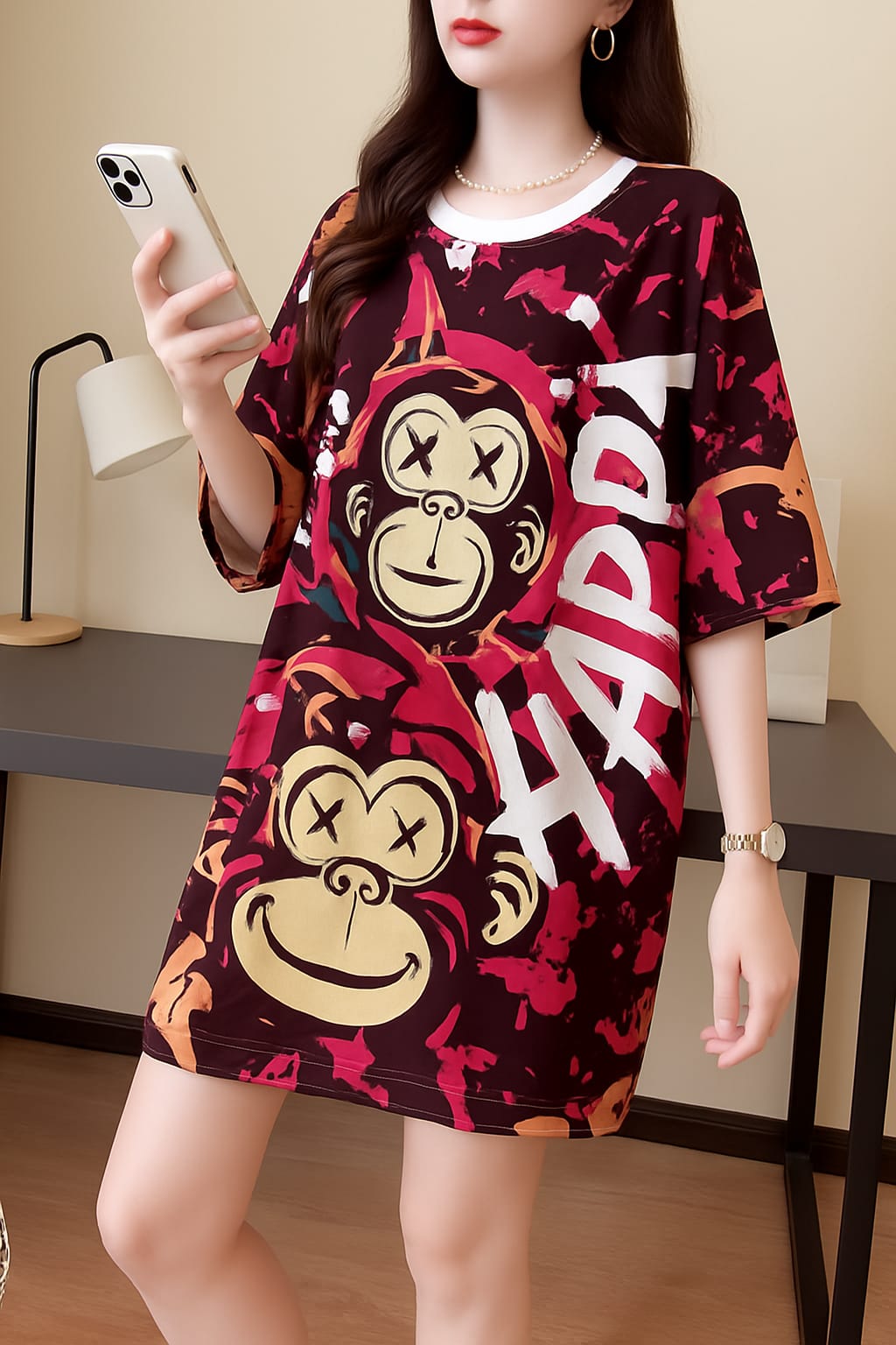 Oversized Cartoon T-Shirt Dress – Happy Monkey Print | Women’s Fashion Casual Wear