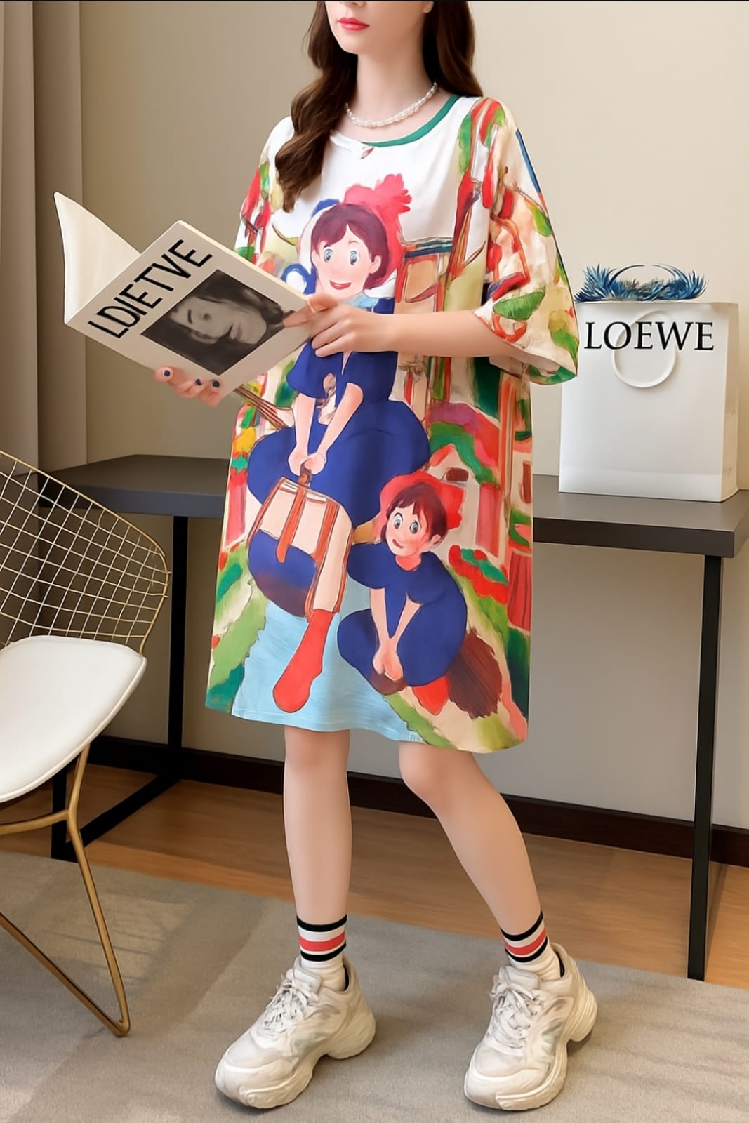 Oversized Cartoon T-Shirt Dress – Happy Monkey Print | Women’s Fashion Casual Wear
