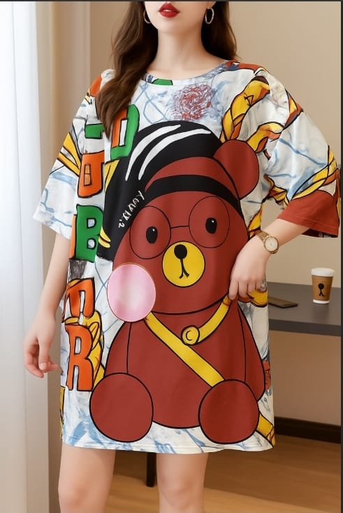 Oversized Cartoon T-Shirt Dress – Happy Monkey Print | Women’s Fashion Casual Wear