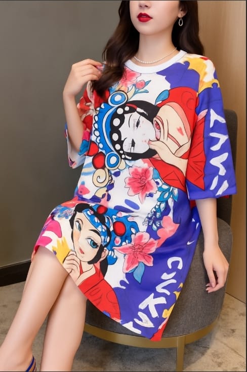 Oversized Cartoon T-Shirt Dress – Happy Monkey Print | Women’s Fashion Casual Wear
