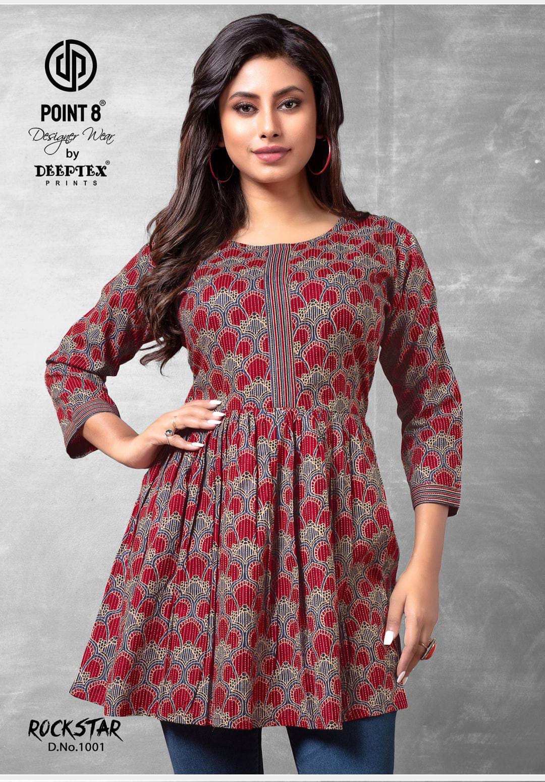 Red printed short kurti with shell pattern