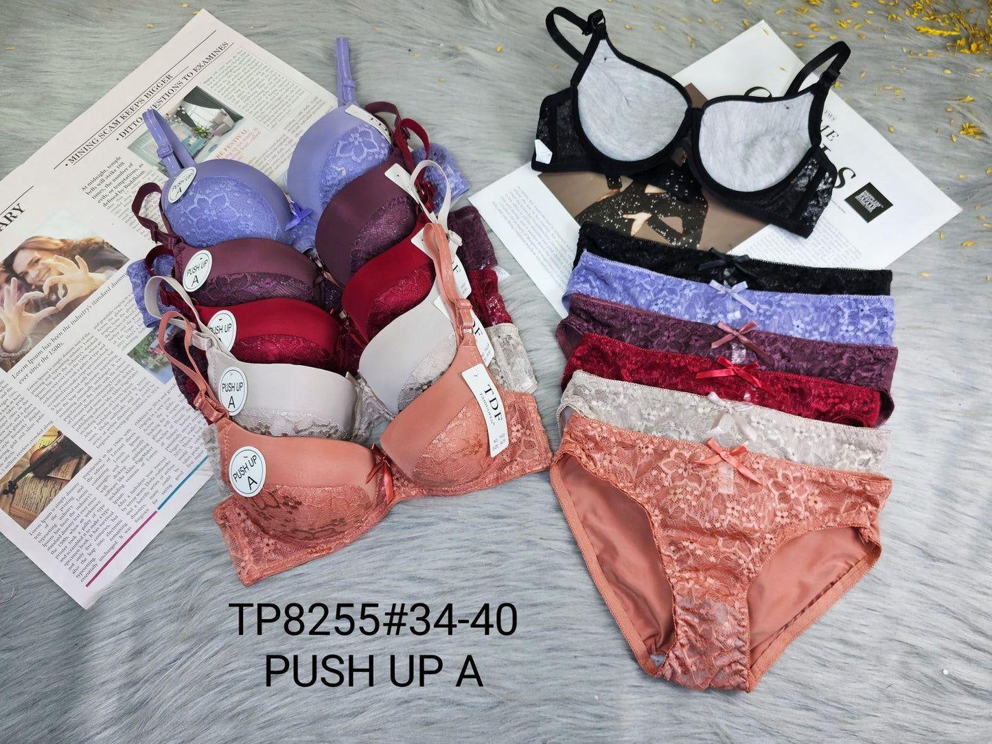 Assorted lace push-up bra and panty set in multiple colors.