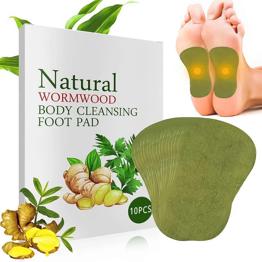 Natural Wormwood Body Cleansing Foot Pads with packaging and foot application