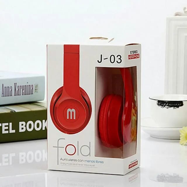 J-03 foldable red stereo headphones in packaging with mic