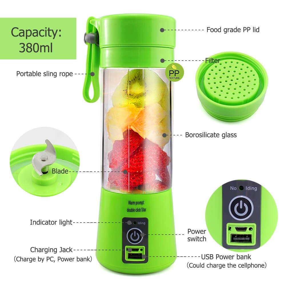 Portable USB blender in green with fruits inside, showing parts and features