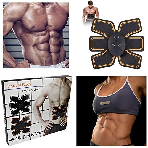 Black and gold 6-pack EMS abdominal muscle trainer with packaging