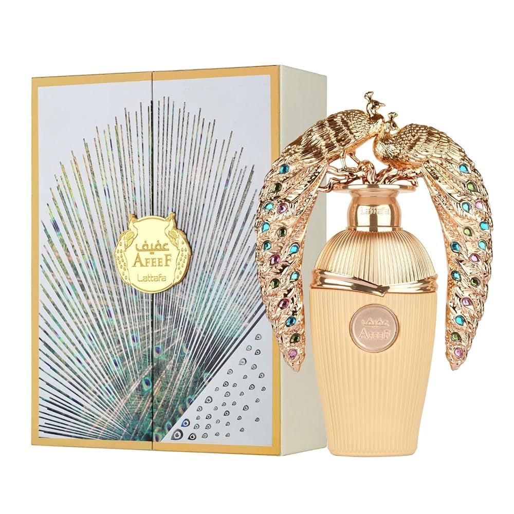 Lattafa Afeef Eau De Parfum 100ml with luxurious golden peacock bottle design