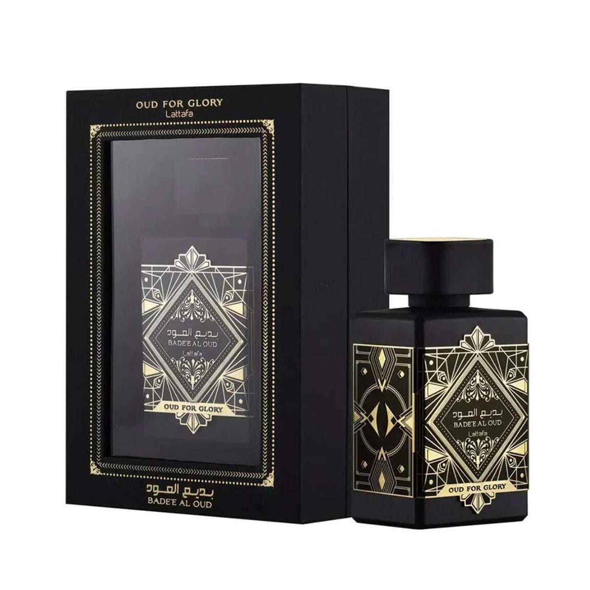 Lattafa Badee Al Oud Oud For Glory 100ml perfume bottle with black and gold box