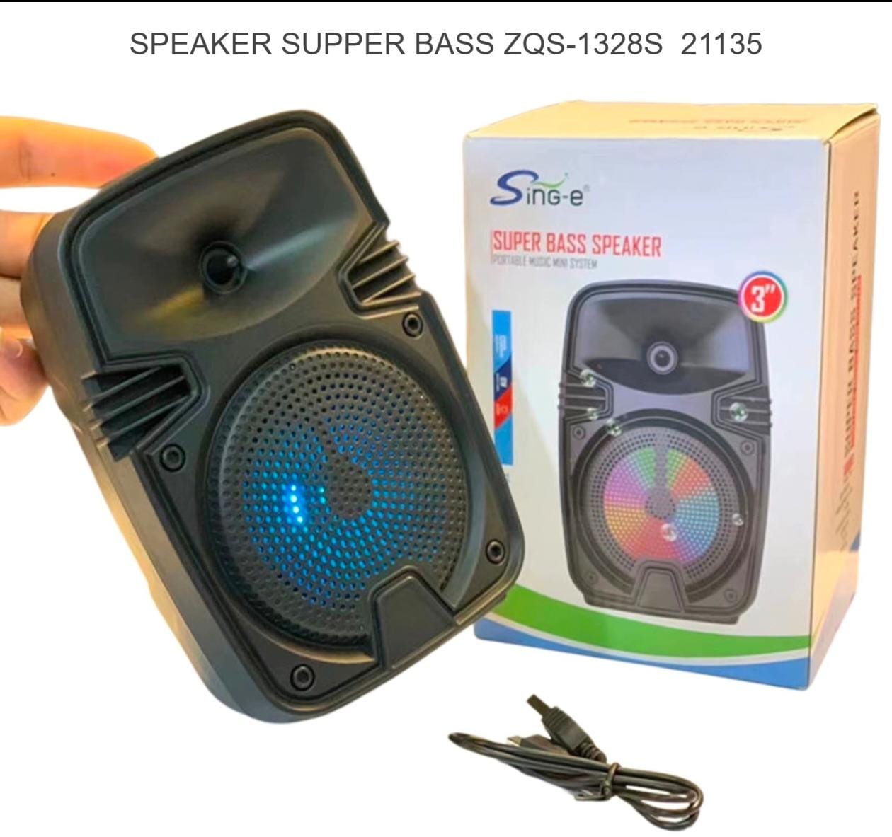 Super Bass Bluetooth Speaker ZQS-1328S with LED lights and USB charging cable.