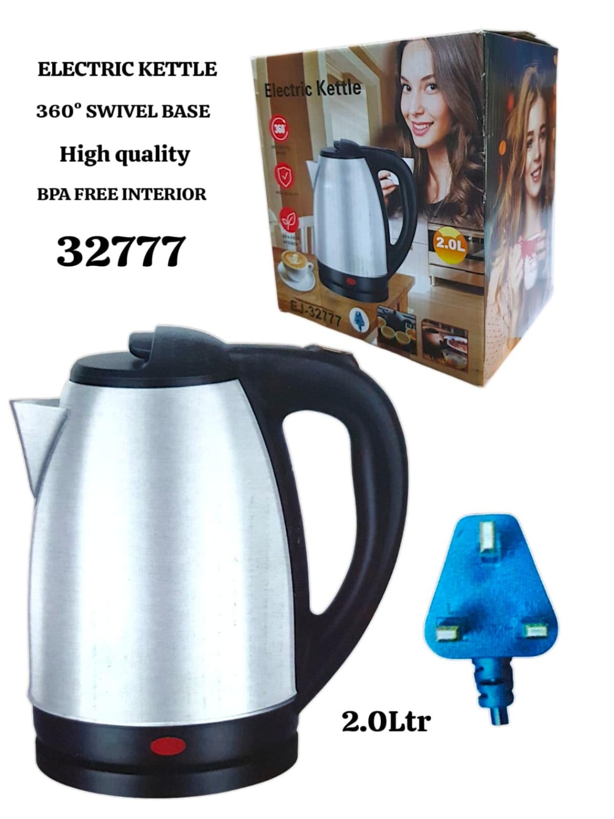 Electric Kettle 2.0L stainless steel BPA-free with 360 swivel base and UK plug.