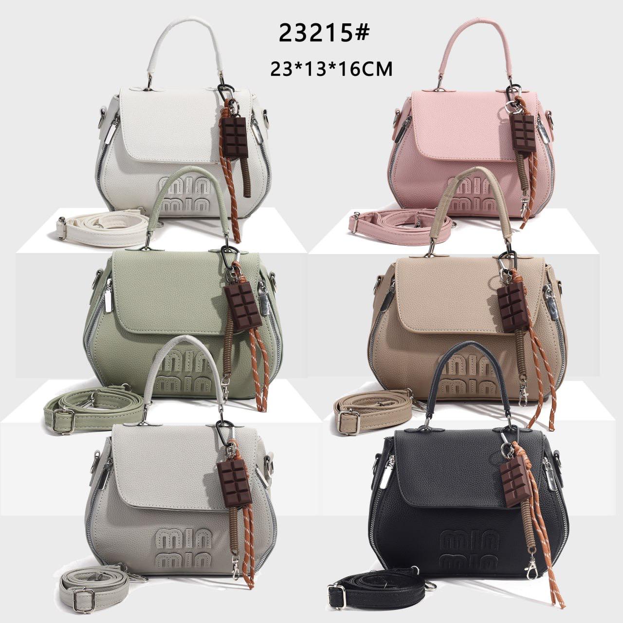 Six-color Mini Chic Leather Handbags with top handle and chocolate-style charm β shown in white, pink, green, beige, gray, and black.