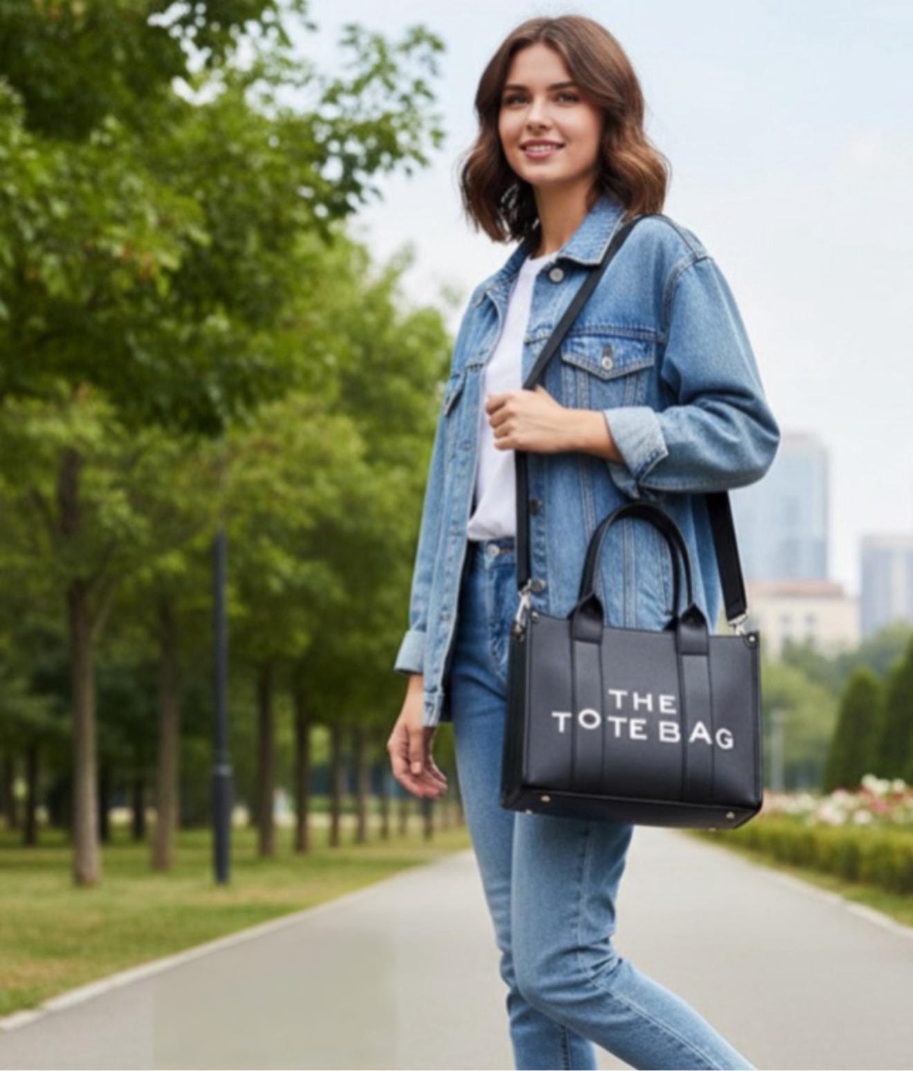 Six trendy letter printed tote bags in black, beige, brown, pink, blue, and white, carried by models in casual outfits.