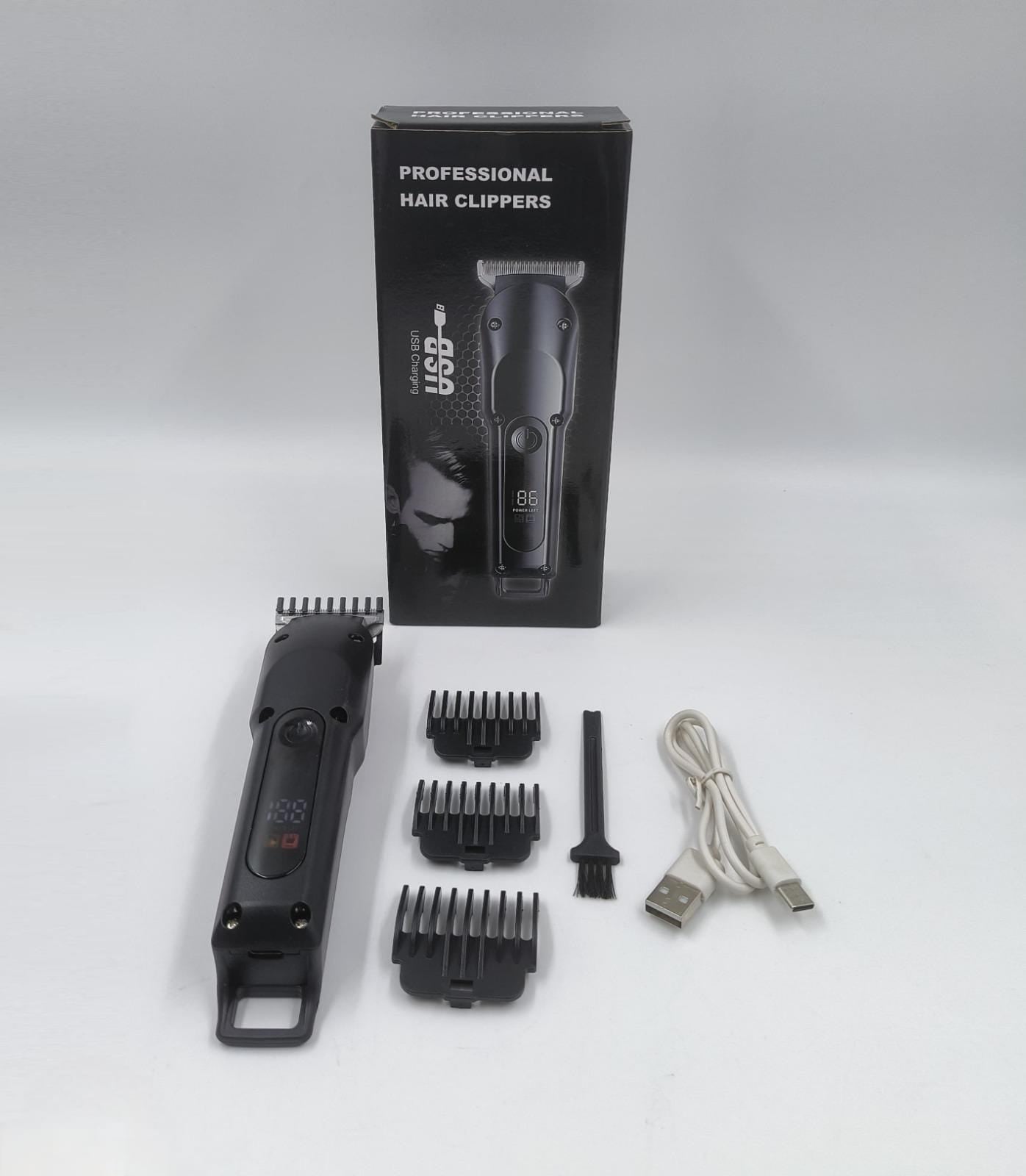 Professional black hair clipper with LED display, USB charging cable, 3 guide combs, and cleaning brush.