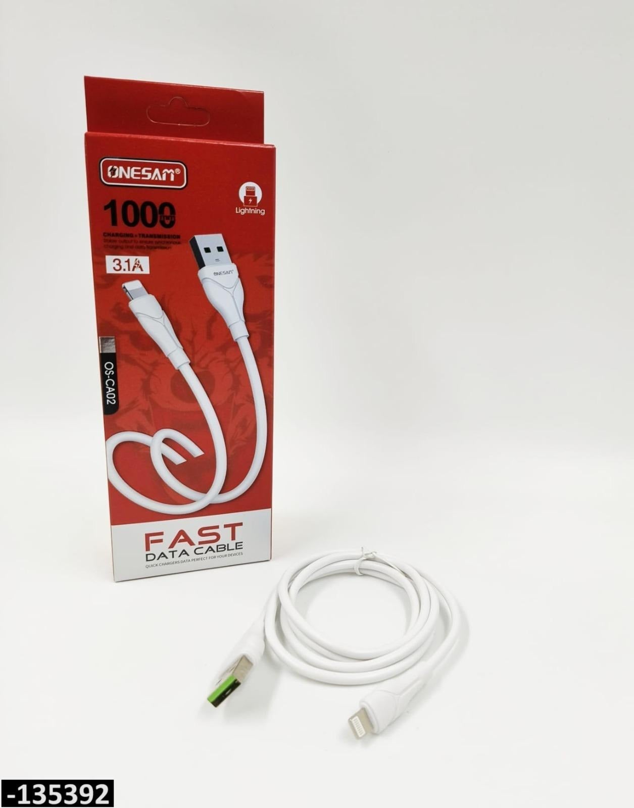 ONESAM white Lightning USB fast charging cable with 3.1A output and red retail packaging.
