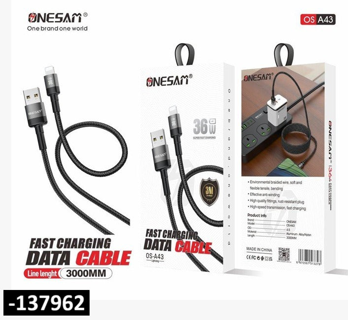 ONESAM 36W 3-meter fast charging Lightning cable with black braided nylon design and USB connector.