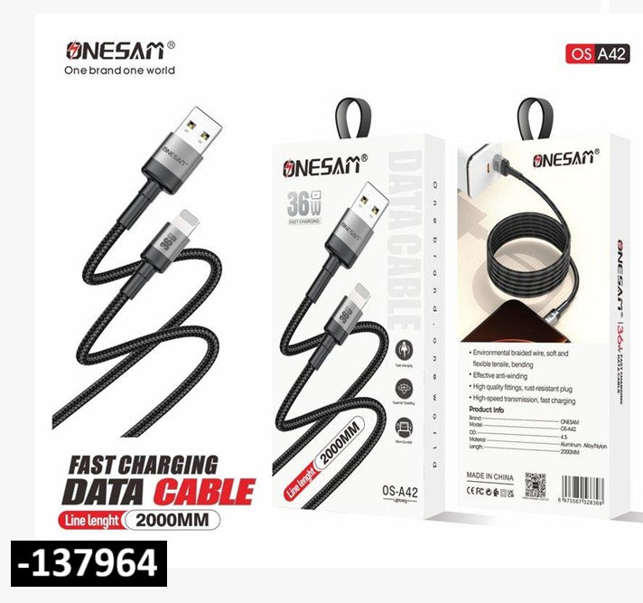 ONESAM 36W 2-meter Lightning fast charging cable with braided black nylon design and USB connector.