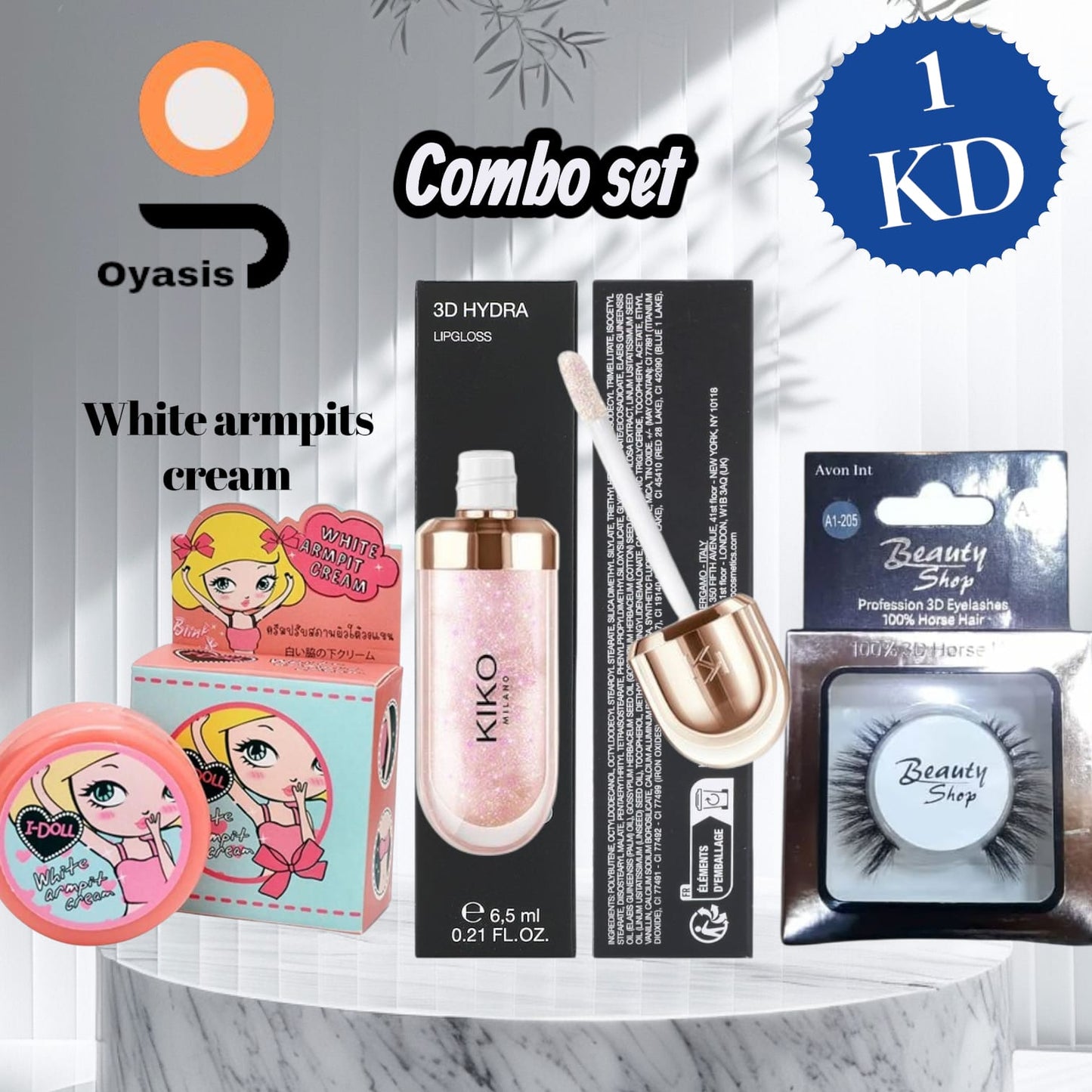 Oyasis Beauty Combo Set – KIKO 3D Hydra Lipgloss, Whitening Cream, and Beauty Shop False Lashes
Close-up of KIKO 3D Hydra Lipgloss tube
Whitening cream product shot (tube or jar)
Beauty Shop false eyelashes pair on white background
Flat-lay of the full Oyasis Beauty Combo Set