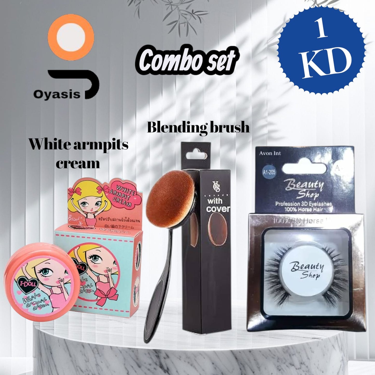 Oyasis Beauty Combo Set – blending brush, whitening cream, and 3D lashes
Oyasis White Armpits Cream jar close-up
Makeup blending brush on white background
Profession 3D Eyelashes in box
Flat-lay showing full Oyasis combo set