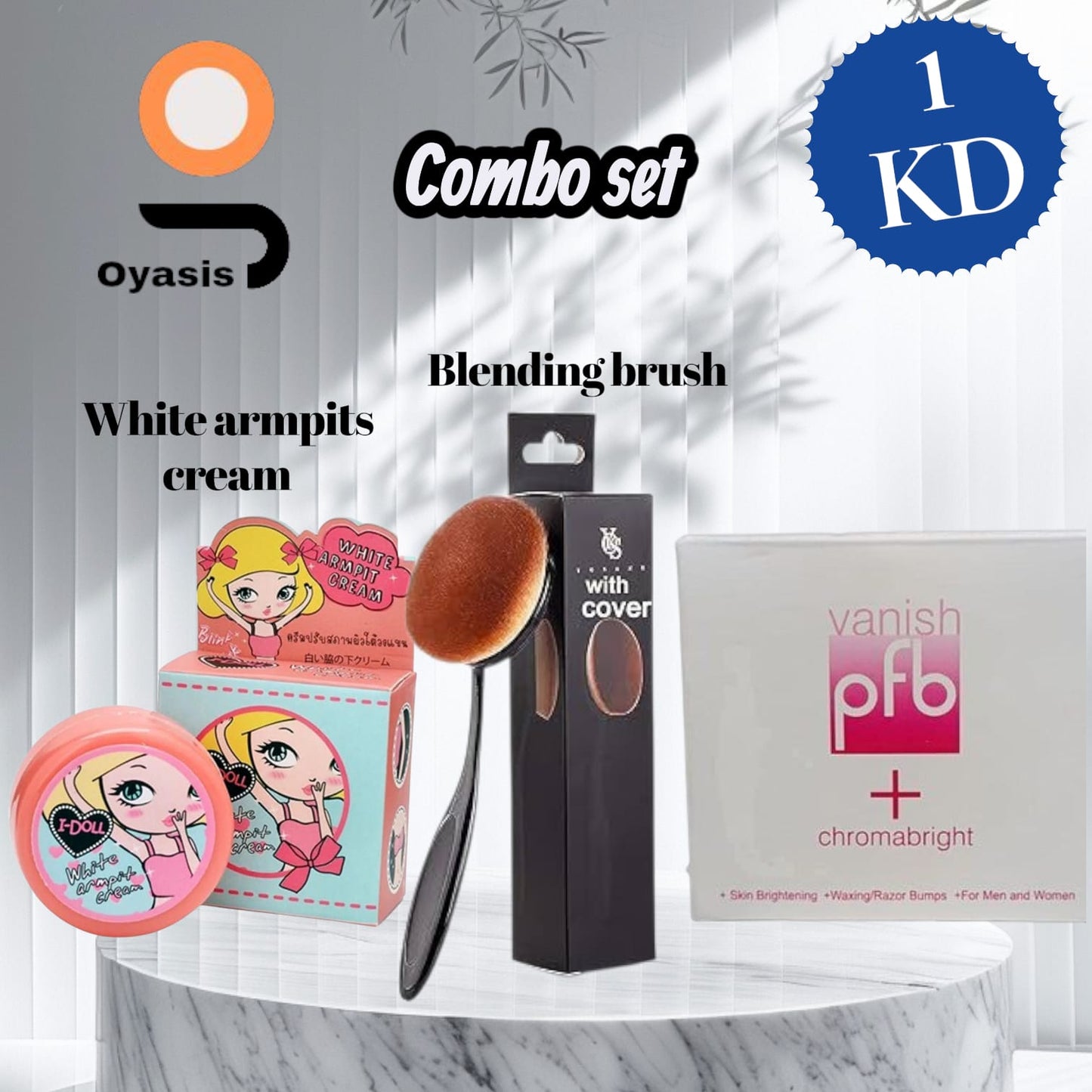 Oyasis Beauty Combo Set – White Armpits Cream, Blending Brush, and PFB Vanish
Oyasis White Armpits Cream jar close-up
Blending brush with protective cover
PFB Vanish + Chromabright bottle on white background
Flat-lay showing complete Oyasis beauty combo set for 1 KD