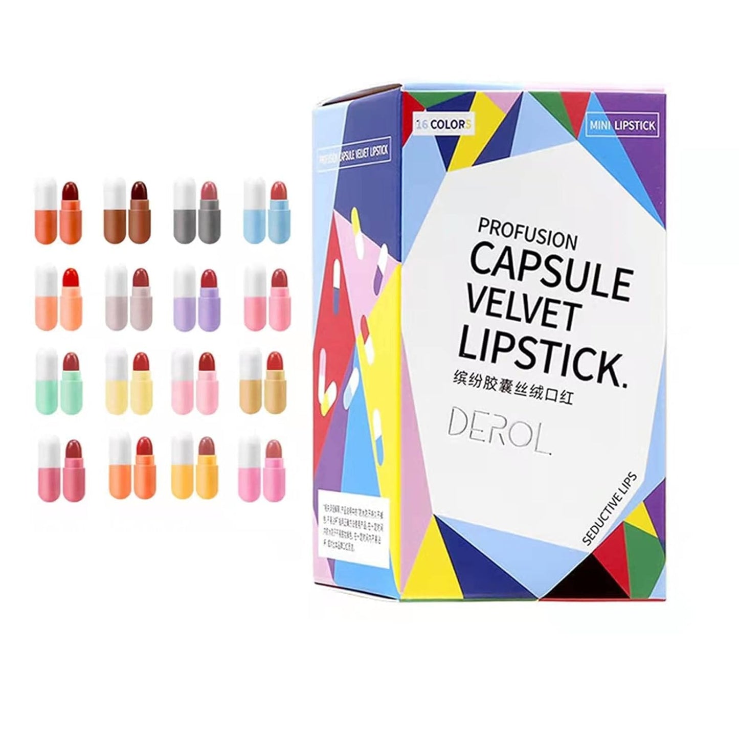 Kusslippe 16 Colors Mini Capsule Velvet Lipstick Set packaging front view
Open lipstick capsules showing multiple matte shades
Swatches of 16 Kusslippe lipstick colors on skin
Model applying Kusslippe velvet matte lipstick
Flat-lay of lipstick capsules arranged by color gradient