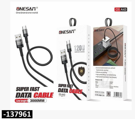 ONESAM 120W 3-meter super fast charging Type-C braided cable with black design and strong nylon texture.
