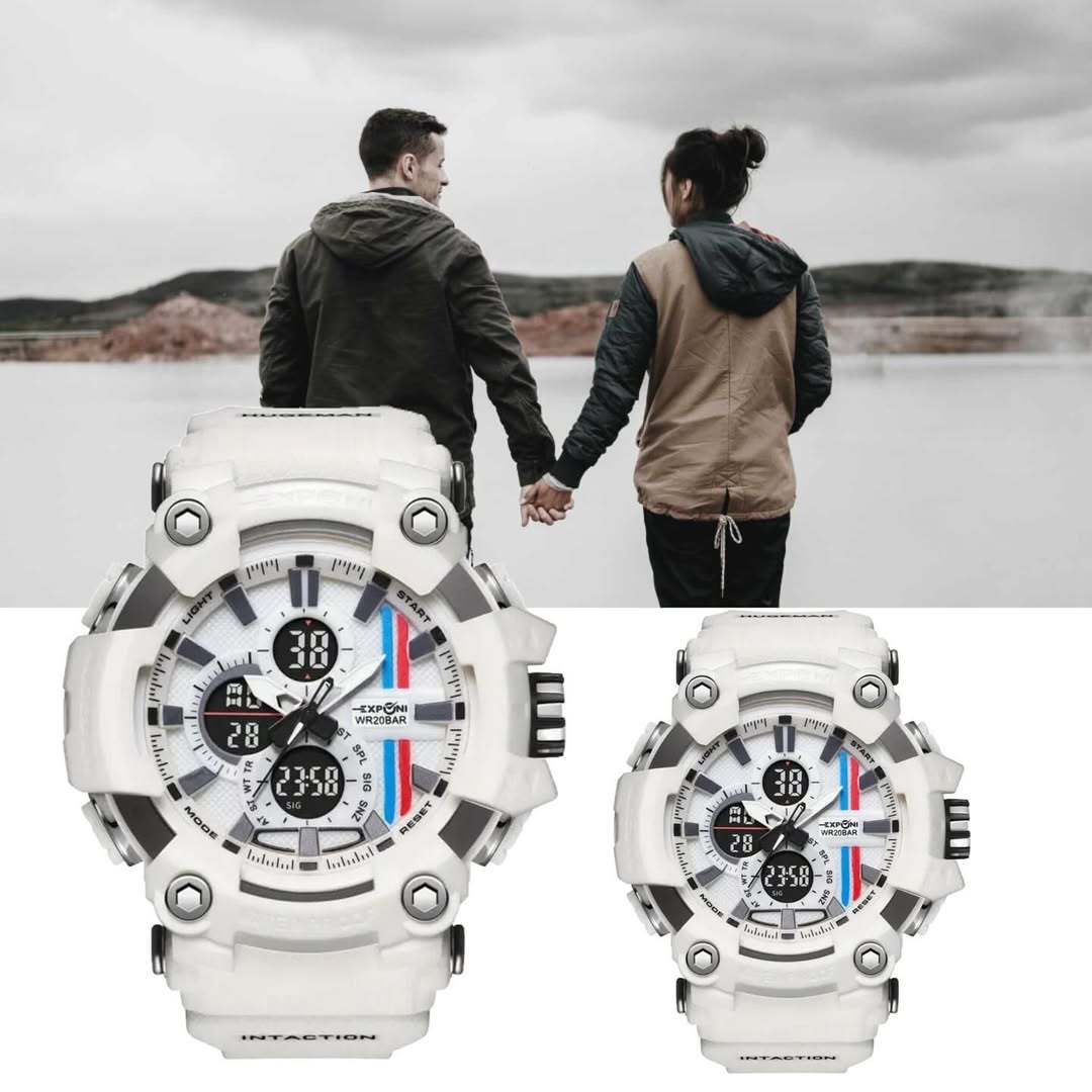 Exponi white dual-display couple watches with sporty design and silicone strap

