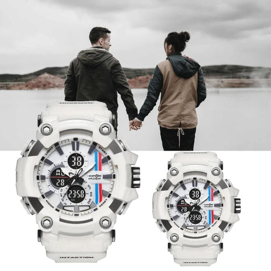 Exponi white dual-display couple watches with sporty design and silicone strap
