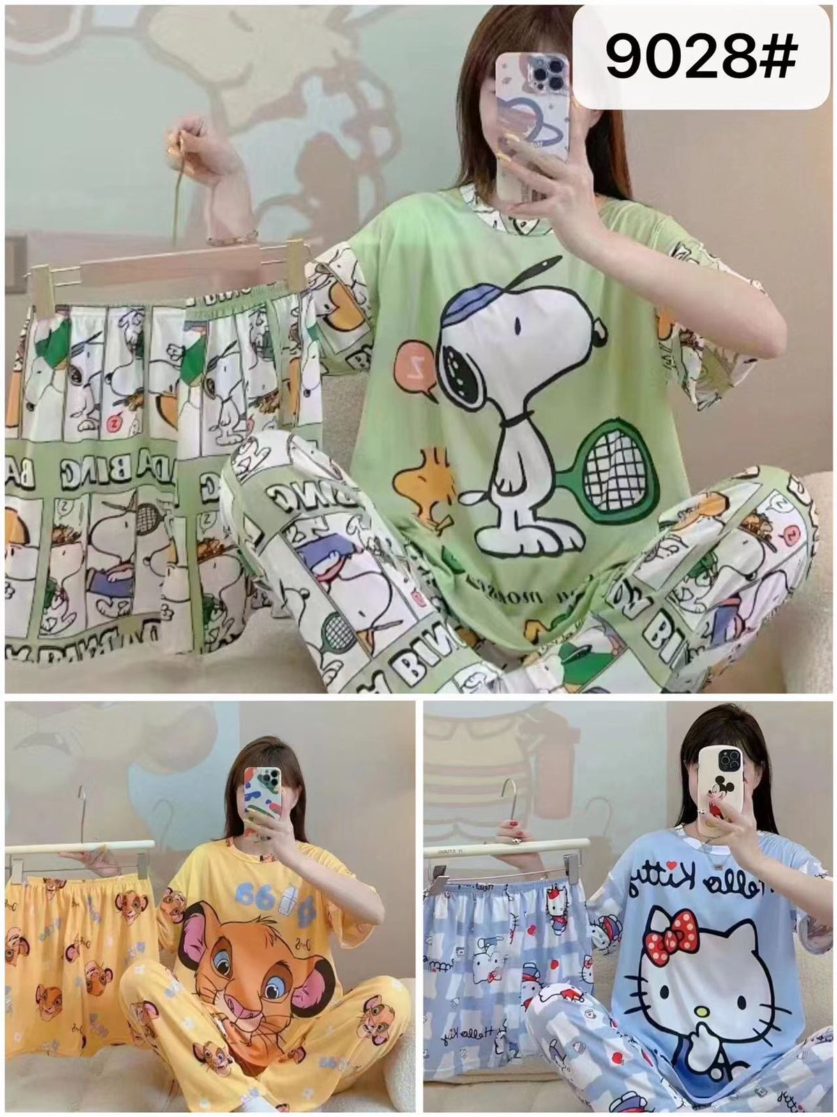 Disney Women's Cartoon Pajamas 3-Piece Set (random designs)(Shorts, T-Shirt, Pants)