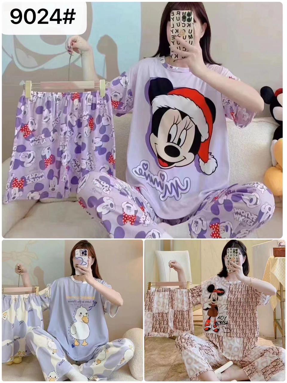 Disney Women's Cartoon Pajamas 3-Piece Set (random designs)(Shorts, T-Shirt, Pants)