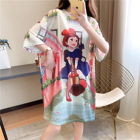 Oversized Cartoon T-Shirt Dress – Happy Monkey Print | Women’s Fashion Casual Wear