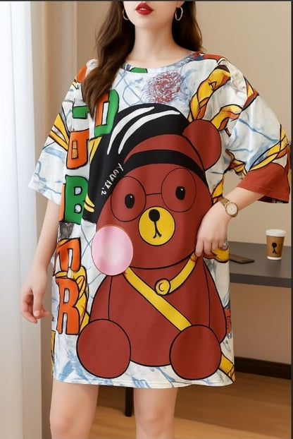 Oversized Cartoon T-Shirt Dress – Happy Monkey Print | Women’s Fashion Casual Wear