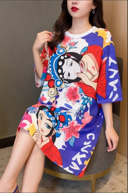 Oversized Cartoon T-Shirt Dress – Happy Monkey Print | Women’s Fashion Casual Wear