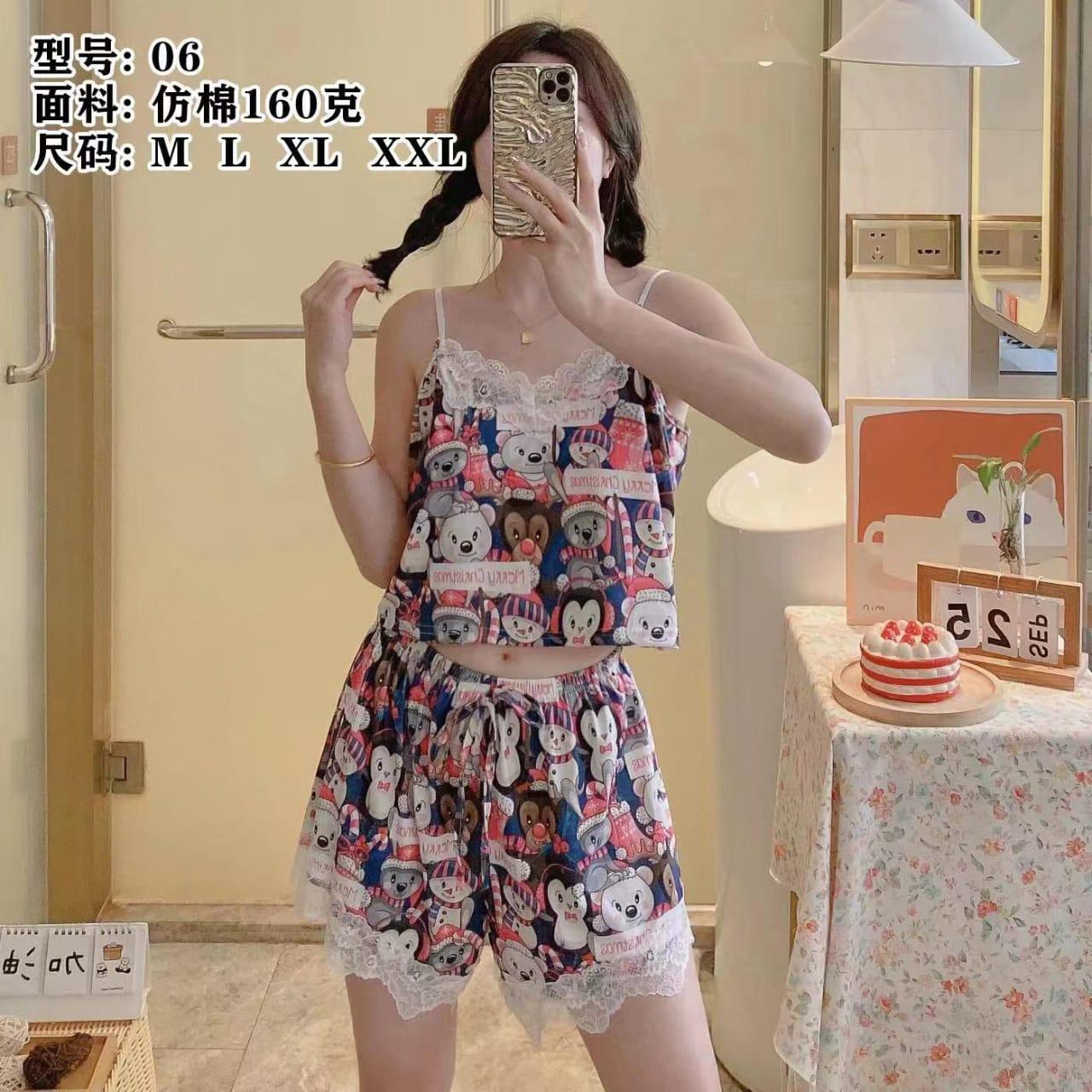 Women’s Cartoon Print Sleepwear Set – Lace Trim Cami Top & Shorts