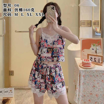 Women’s Cartoon Print Sleepwear Set – Lace Trim Cami Top & Shorts