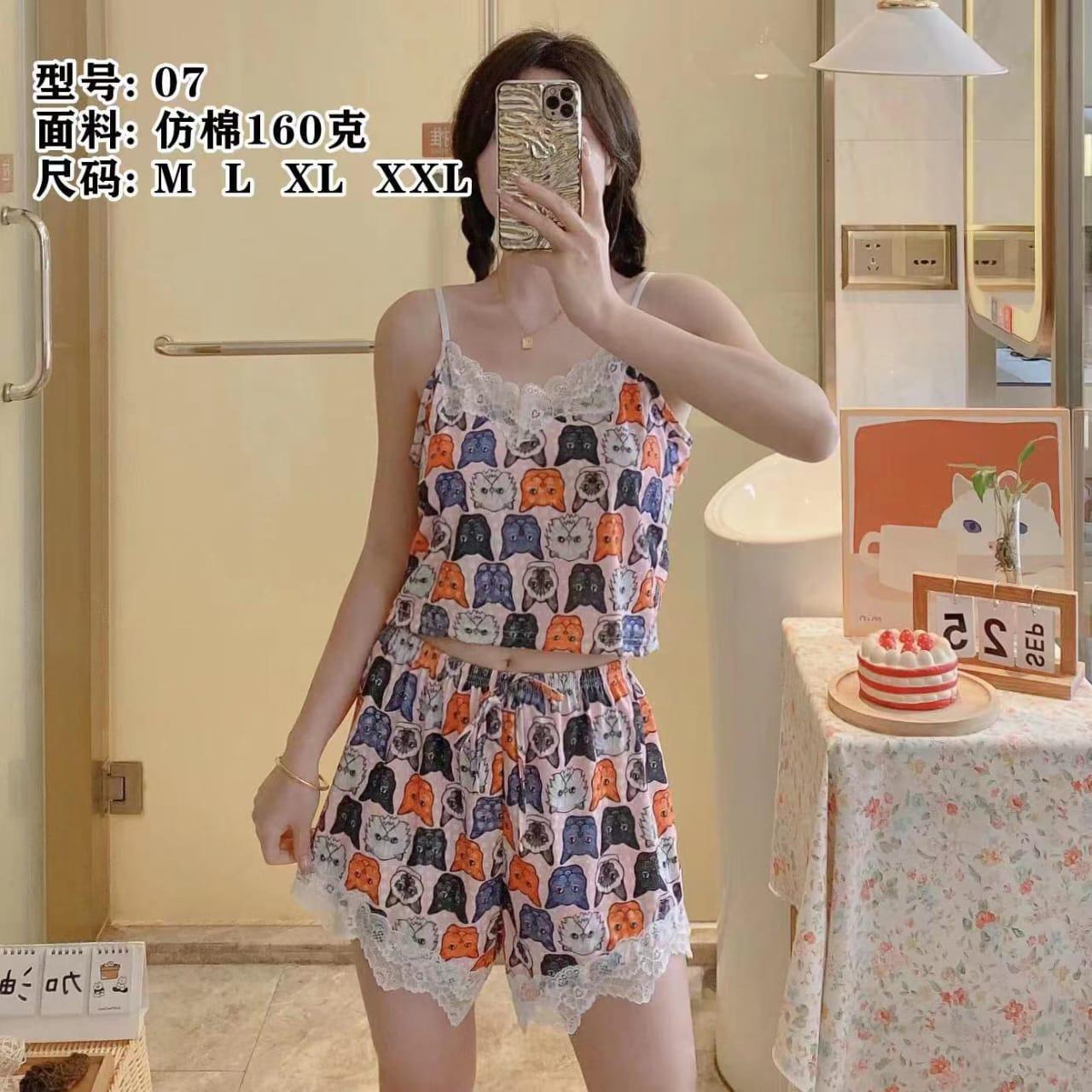 Women’s Cartoon Print Sleepwear Set – Lace Trim Cami Top & Shorts