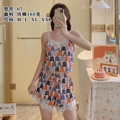 Women’s Cartoon Print Sleepwear Set – Lace Trim Cami Top & Shorts