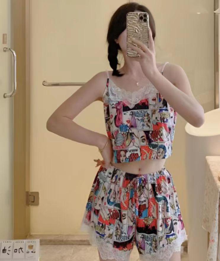 Women’s Cartoon Print Sleepwear Set – Lace Trim Cami Top & Shorts