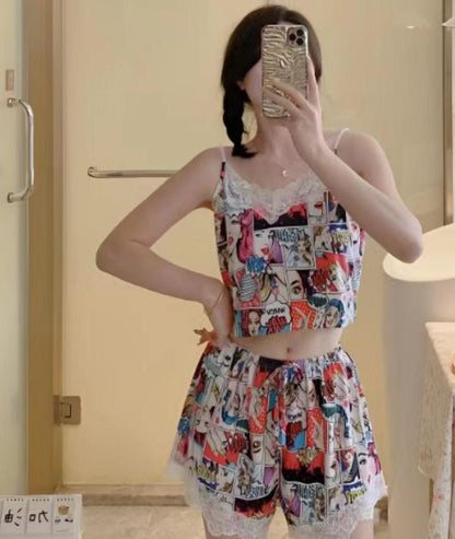 Women’s Cartoon Print Sleepwear Set – Lace Trim Cami Top & Shorts