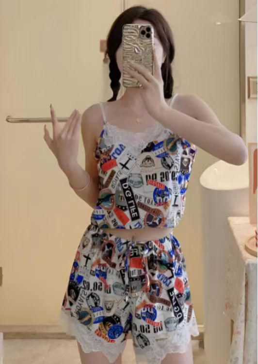Women’s Cartoon Print Sleepwear Set – Lace Trim Cami Top & Shorts