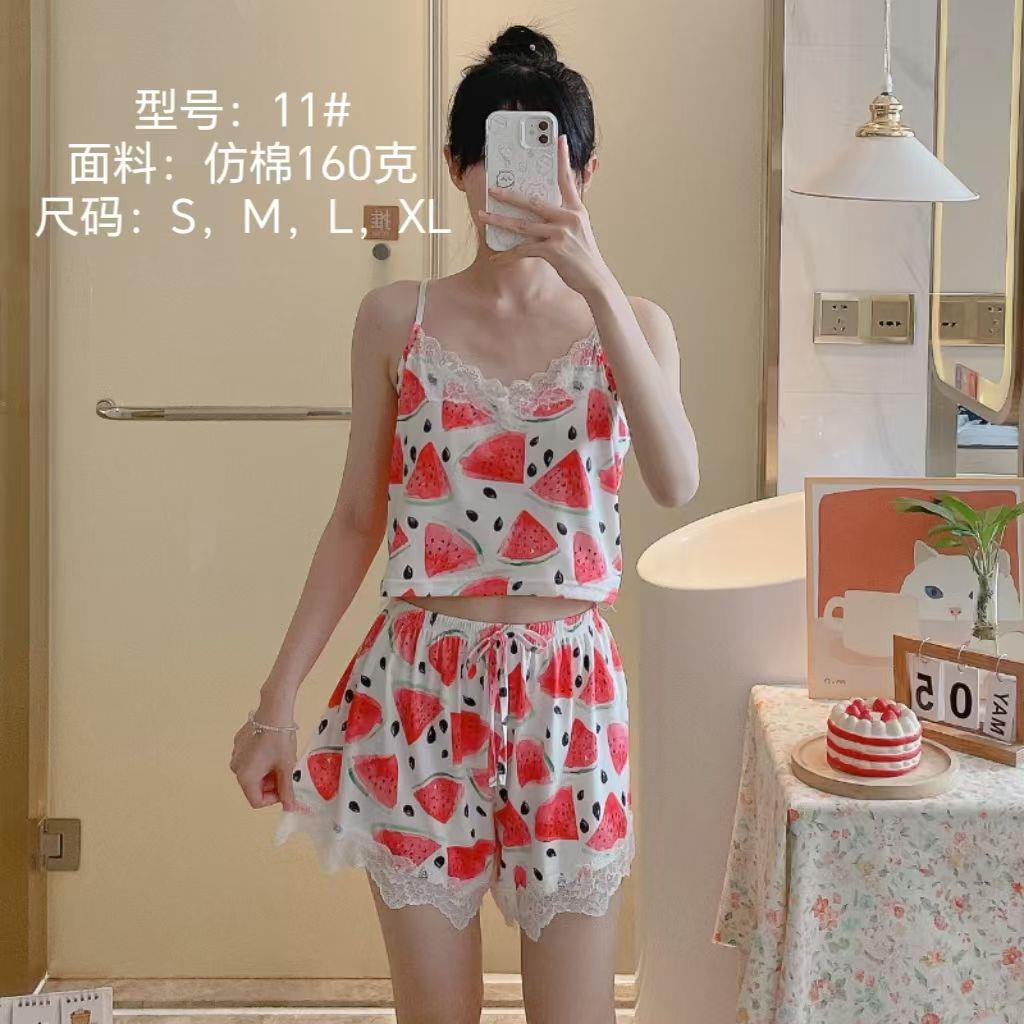 Women’s Cartoon Print Sleepwear Set – Lace Trim Cami Top & Shorts