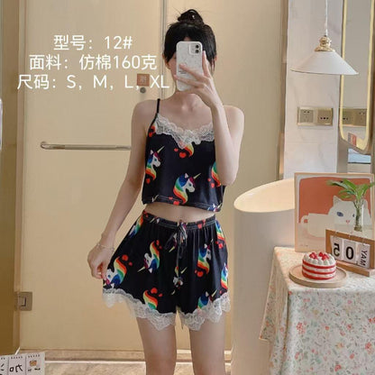 Women’s Cartoon Print Sleepwear Set – Lace Trim Cami Top & Shorts