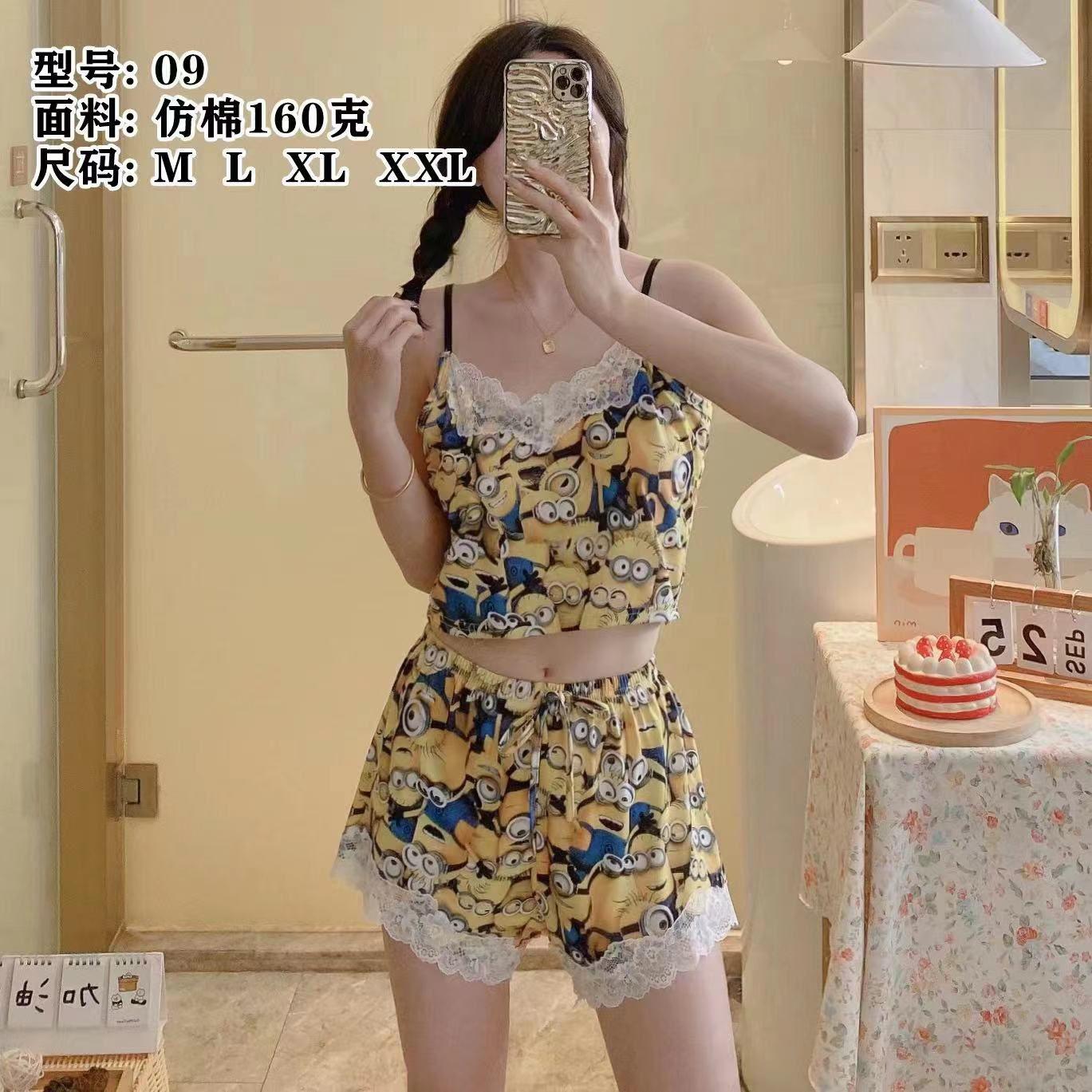 Women’s Cartoon Print Sleepwear Set – Lace Trim Cami Top & Shorts